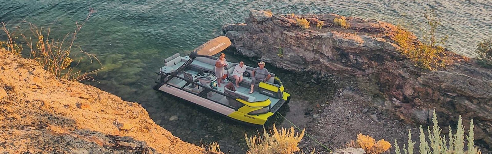 Bird view of Okanara boat parked at Rattlesnake Island. boat rentals peachland